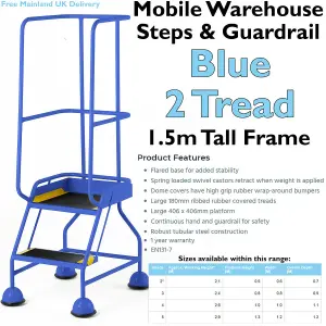 2 Tread Mobile Warehouse Steps & Guardrail BLUE 1.5m Portable Safety Stairs