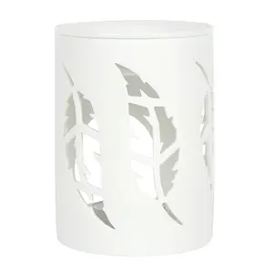 White Ceramic Oil Burner and Wax Melter. Cut-out Feather Design (Dia) 9 cm