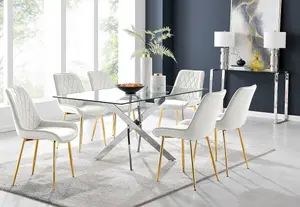 Furniturebox UK Leonardo 6 Dining Table and 6 Cream Pesaro Gold Leg Chairs