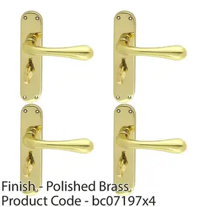 4 PACK - Rounded Flaired Bathroom Latch Door Handle - Polished Brass Lever on Backplate