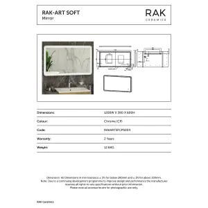 RAK Art Soft 600x1200mm Chrome Square with Touch Sensor Illuminated Mirror IP44