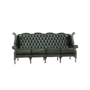 Chesterfield 4 Seater Flat Wing High Back Antique Green Real Leather Sofa In Queen Anne Style