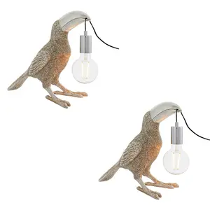 2 PACK Vintage Silver Toucan Table Light - Resin Figure - Chrome Lamp Holder