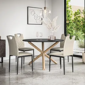 Malvern Round Dining Table And Chairs -  Black Table Top w Solid Oak Legs + Monza Fabric Dining Chair Set Of 4 (Beige)