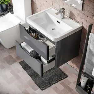 Nes Home Merton 600mm Steel Grey Gloss Bathroom Wall Hung Basin Vanity Unit