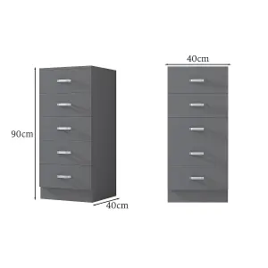 Tunis 5 Drawer Tall Slim Chest Of Drawers - Matt Grey