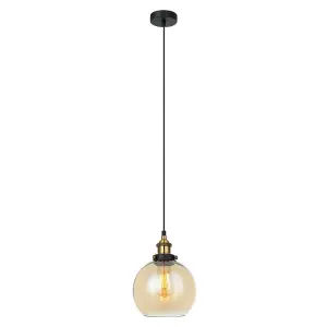 Luminosa Industrial And Retro Hanging Pendant Black, Gold 1 Light  with Amber Shade, E27 Dimmable