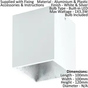 Wall / Ceiling Light White & Silver Square Downlight 3.3W Built in LED