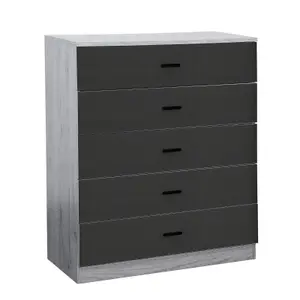 URBNLIVING Height 90.5cm 5 Drawer Wooden Bedroom Chest Cabinet Modern Ash Grey Carcass and Black Drawers Wide Storage Cupboard