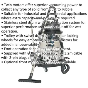 2400W Industrial Wet & Dry Vacuum Cleaner - 77L Stainless Steel Swivel Drum