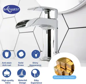 BATHWEST Waterfall Chrome Bathroom Monobloc Basin Sink Mixer Taps Single Lever Taps Mixer Faucet