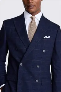 Moss | Men's Tailored Fit Navy Blue Black Check Double Breasted Suit Jacket