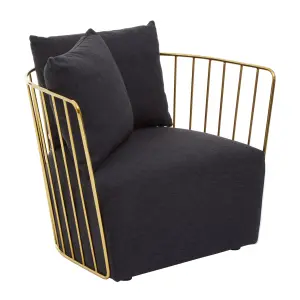 Interiors by Premier Black Fabric Chair, Gold Finish Steel Frame Accent Chair, Lounge Chair with 2 Cushions, Armchair for Home