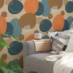 AS Creation Retro Geometric Circles Orange Wallpaper Blown Vinyl Paste The Wall