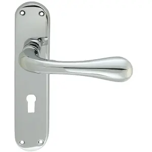 Rounded Flaired Latch & Lock Door Handle - Polished Chrome Lever On Backplate