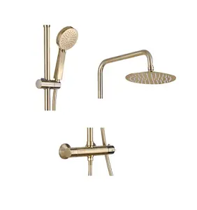 Aquarius Round Thermostatic Adjustable Overhead Shower and Kit Brushed Brass