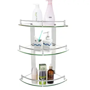 3 Tier Wall Mounted Tempered Glass Corner Bathroom Shelf Shower Storage Organizer Dia 20 cm