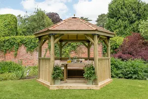 3.6m Hexagonal Wooden Garden Gazebo with Cedar Roof - Furnished with Table, Benches and Cushions  (Cream)