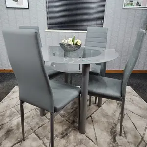 Round Glass Grey Kitchen Dining Table With Storage Shelf And 4 Grey Metal Chairs Set