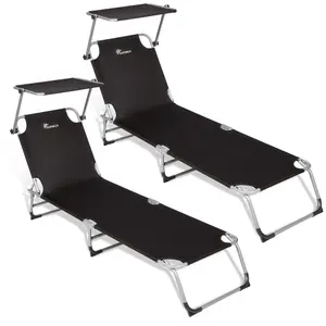 SUNMER Sun Beds Loungers Recliners with Adjustable Canopy - Black - Set of 2