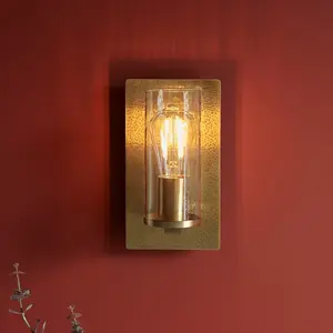 Luminosa Palermo Wall Lamp Hammered Brass Plate, Textured Clear Glass