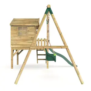 Rebo Orchard 4ft x 4ft Wooden Playhouse with Standard Swing, Baby Swing, 900mm Deck and 6ft Slide - Luna Green