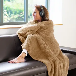 Snug Rug Blanket Luxury Sherpa Fleece Sofa TV Throw Gift Blankets 127x178cm - Sand Beige