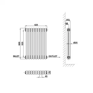 Horizontal Anthracite Double Column Radiator (H) 600mm x (W) 425mm, 1889 BTU.