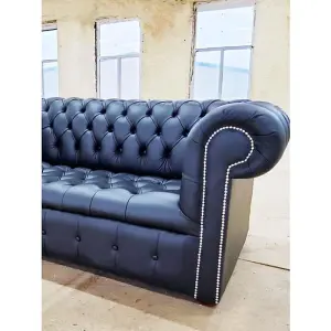 Chesterfield 2 Seater Buttoned Seat Silver Stud Sofa Black Real Leather In Classic Style