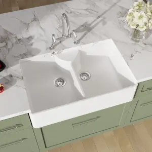 Fireclay Kitchen Bundle - Double Bowl Butler Sink, 2 x Wastes & Bridge Lever Tap, 895mm - Chrome - Balterley