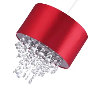 Modern Red Satin Fabric Pendant Light Shade with Transparent Acrylic Droplets