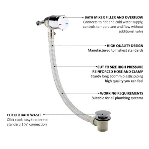 ENKI, W59, Bath Filler Waste and Overflow, Bath Filler Mixer Tap, Temperature Control and Clicker Waste, Click Clack, Chrome