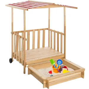 Sandpit - with seating areas and sunshade, play deck with railing, transport wheels - red