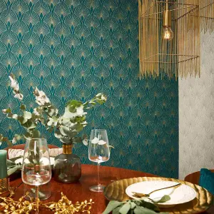 A.S Creation Art Deco Fan Teal Metallic Gold Wallpaper Textured Vinyl