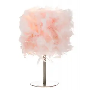 Modern and Chic Real Pink Feather Table Lamp with Satin Nickel Base and Switch