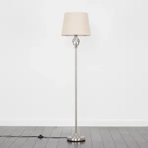 ValueLights Memphis Silver Satin Barley Twist Floor Lamp with Beige Light Shade