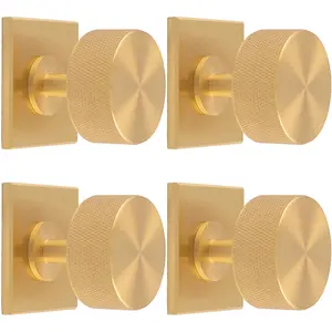 4 PACK - Knurled Radio Cabinet Door Knob & Matching Backplate - Satin Brass 40 x 40mm