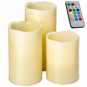 LED Candles Set of 3 - with 12 colour changes, 2 timer settings, remote control - white