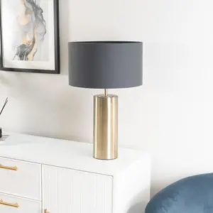 ValueLights Lexy Antique Brass Touch Table Lamp with Charcoal Grey Drum Shade