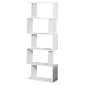 URBNLIVING Height 159Cm 5 Tier Wooden S-Shaped Bookcase Living Room Colour White Modern Display Shelves Storage Unit Divider