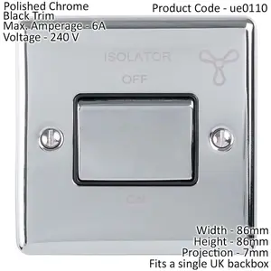 6A Extractor Fan Isolator Switch CHROME & Black Trim 3 Pole Shower