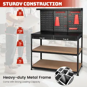 COSTWAY Workbench w/ Pegboard 120 CM Garage Worktable Tool Organizers w/ Drawers