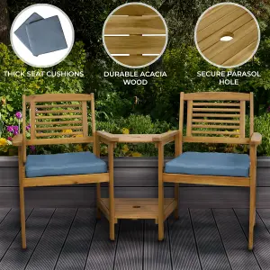 Wooden Companion Love Seat Garden Chairs with 2 Tier Table and Parasol Hole