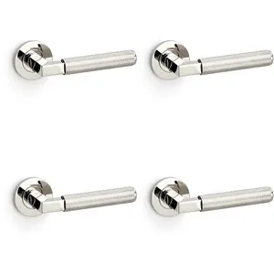 4 PACK - SOLID BRASS Knurled Door Handle Set - Polished Nickel Angled Lever on Round Rose