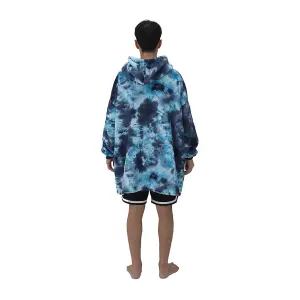 Dark Blue Oversized Tie Dye Sherpa Blanket Hoodie with Front Pocket