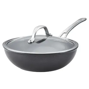 Anolon X SearTech Black Round Aluminium Induction Suitable Dishwasher Safe Wok Pan with Lid 25cm