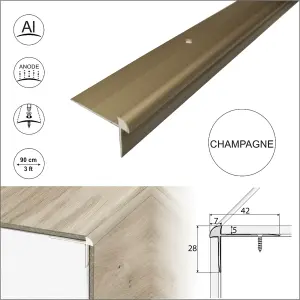 C29 42 x 28mm Anodised Aluminium LVT Stair nosing Edge Profile For 5mm Flooring - Champagne, 0.9m