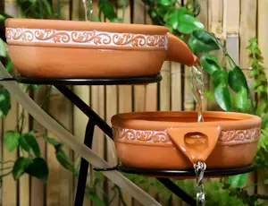 Primrose Ladonas Inlaid Terracotta Solar Powered Cascade Water Feature with Battery Backup and LED Lights 55cm