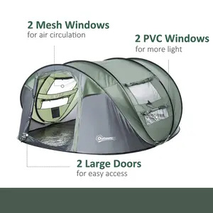 Outsunny Camping Tent Dome Pop-up Tent with Windows for 4-5 Person Dark Green