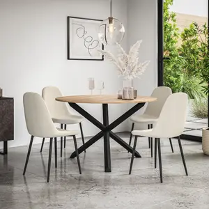 Malvern Round Dining Table And Chairs -  Oak Table Top w Solid Oak Black Legs + Maya Boucle Dining Chair Set Of 4 (Ivory White)